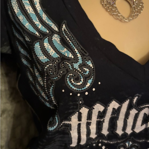 Affliction Women's Black and Blue Winged Tee - Picture 3 of 7